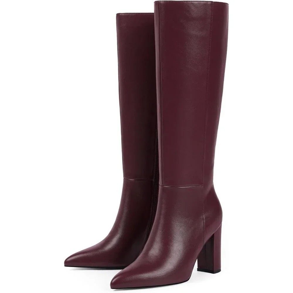 Women's A-burgundy Tall Long Calf High Chunky Faux Crocodile Knee High Boots